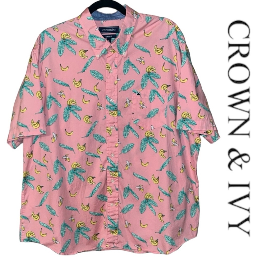 Crown & Ivy Men’s Hawaiian Banana Camp Shirt Size XL